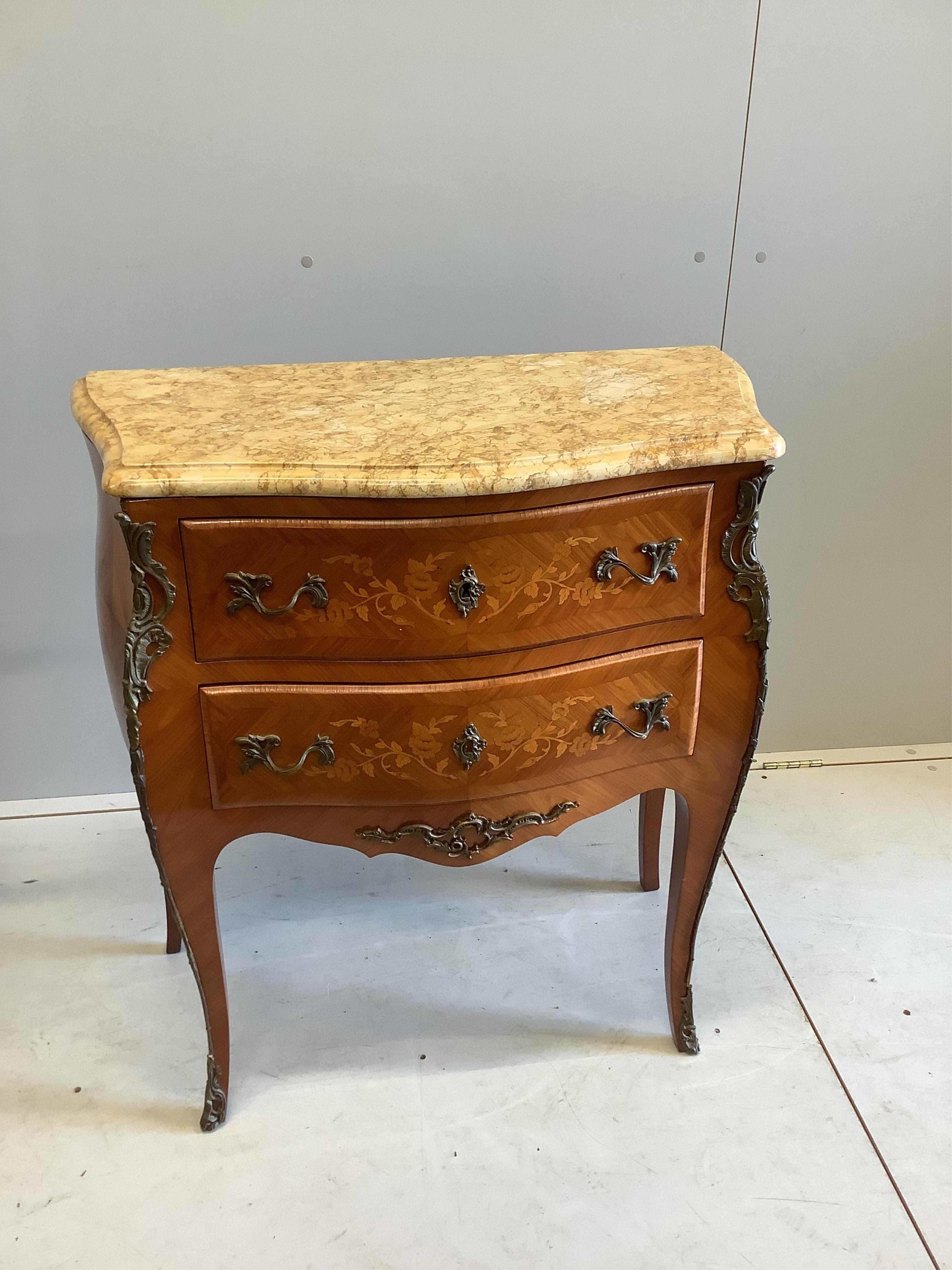 A Louis XVI style inlaid kingwood marble top bombe commode, width 78cm, depth 40cm, height 84cm. Condition - good